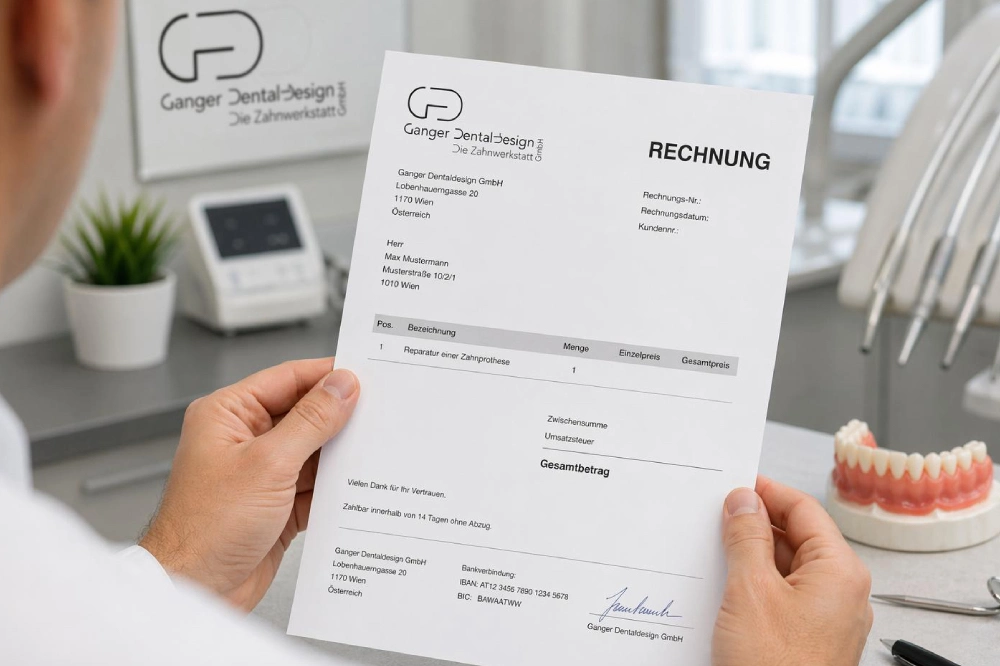 Modellguss Prothese mit zwei ausgebrochenen Zähnen vor Reparatur im Zahnlabor Wien